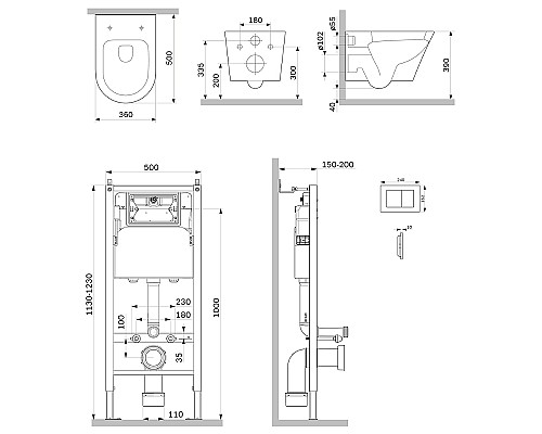 Комплект унитаза с инсталляцией AM.PM Sense FlashClean IS90238.741701 с сиденьем Микролифт и Черной матовой клавишей смыва