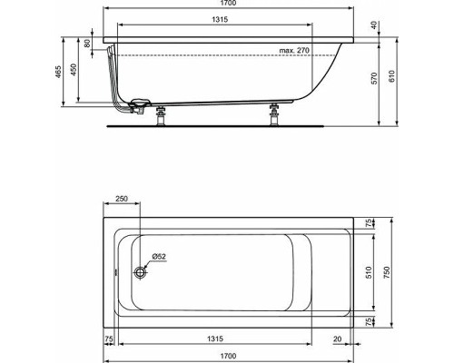 Акриловая ванна Ideal Standard Connect Air 170х75 без гидромассажа