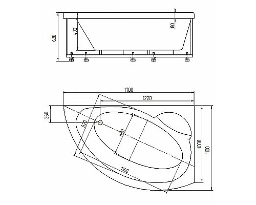 Акриловая ванна Aquatek Аякс 2 170x100 R AYK170-0000089 без гидромассажа с фронтальной панелью с каркасом (вклеенный) со слив-переливом