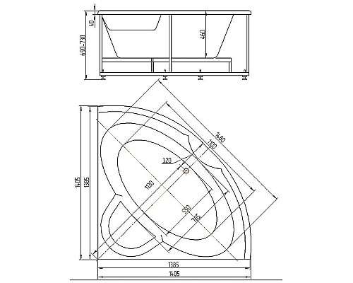 Акриловая ванна Aquatek Поларис-1 140х140 POL1-0000030 без гидромассажа с фронтальной панелью с каркасом (вклеенный) со слив-переливом