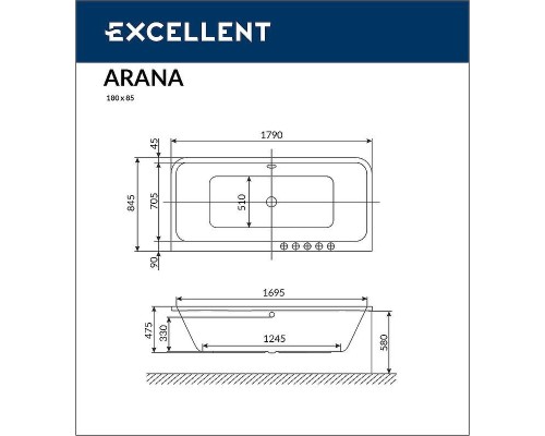 Акриловая ванна Excellent Arana 180x85 с гидромассажем