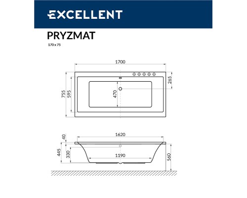 Акриловая ванна Excellent Pryzmat 170x75 WAEX.PRY17.SMART.GL с гидромассажем