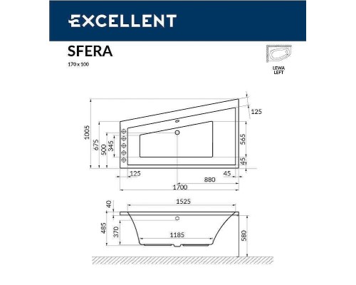 Акриловая ванна Excellent Sfera 170x100 L Ultra Золото с гидромассажем