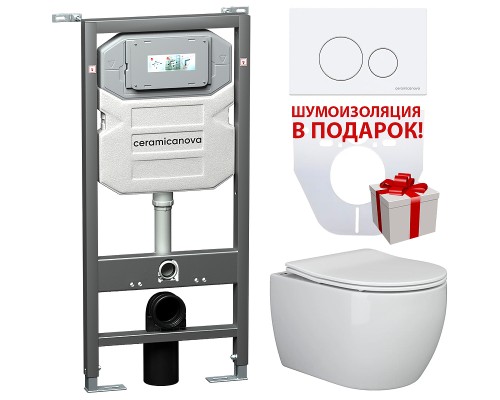 Комплект унитаза с инсталляцией Ceramicanova Play CN3001_1001W_1000 с сиденьем Микролифт и Белой клавишей смыва