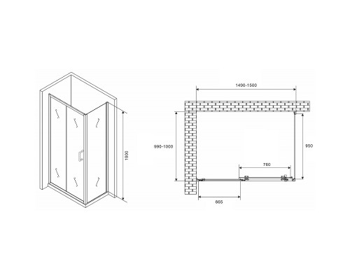 Душевой уголок Abber Schwarzer Diamant 150x100 профиль Хром стекло прозрачное