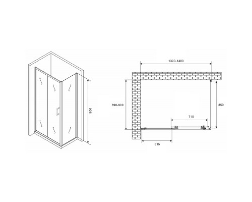 Душевой уголок Abber Schwarzer Diamant 140x90 профиль Хром стекло прозрачное