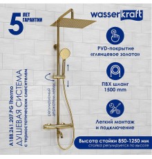Душевая система WasserKRAFT 134 см с термостатом Золото