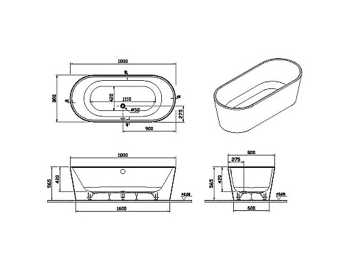 Акриловая ванна Vitra Geo180x80 65380006000 без гидромассажа Акриловая ванна Vitra Geo180x80 65380006000 без гидромассажа