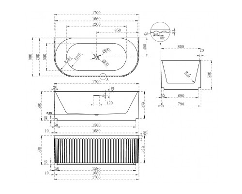 Акриловая ванна Abber 170х80 AB9416-1.7 без гидромассажа