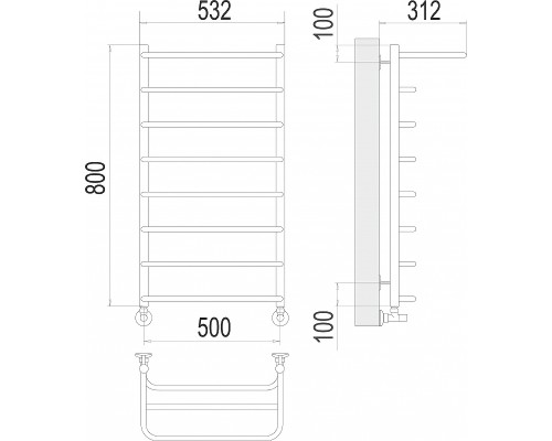 Водяной полотенцесушитель Terminus Полка П8 500x800 4670078530295 с полкой Хром, нижнее подключение, G 1/2" ВР