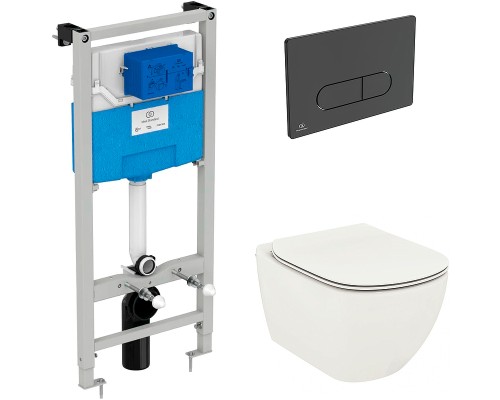 Комплект унитаза с инсталляцией Ideal Standard Tesi Aqua Blade с сиденьем Микролифт и Черной матовой клавишей смыва