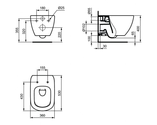 Комплект унитаза с инсталляцией Ideal Standard Tesi Aqua Blade с сиденьем Микролифт и Черной матовой клавишей смыва