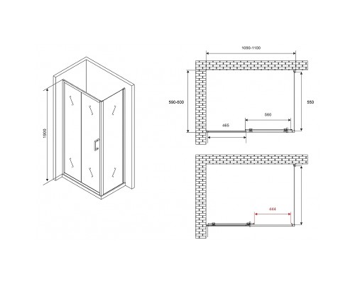 Душевой уголок Abber Schwarzer Diamant 110x60 профиль Черный стекло прозрачное