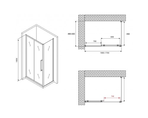Душевой уголок Abber Schwarzer Diamant 170x50 профиль Хром стекло матовое