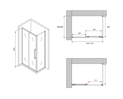 Душевой уголок Abber Schwarzer Diamant 110x60 профиль Черный стекло прозрачное
