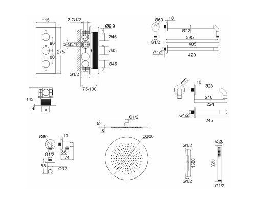 Душевая система Whitecross Y gold YSET11GL с термостатом Золото