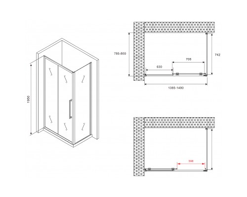 Душевой уголок Abber Schwarzer Diamant 140x80 профиль Черный стекло матовое