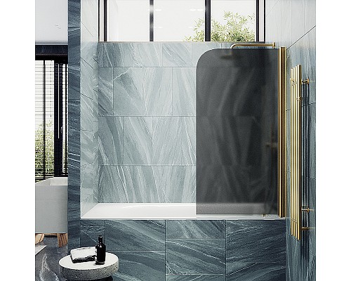 Шторка на ванну Maybah Glass 500x1400 поворотная на монопетле Золото стекло графитовое матовое