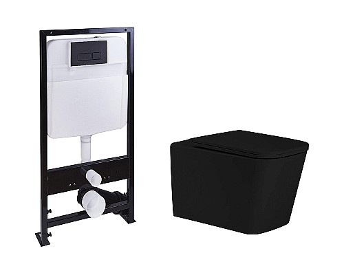 Комплект унитаза с инсталляцией SantiLine SL-5027MB+SL-04 с сиденьем Микролифт и Черной матовой клавишей смыва