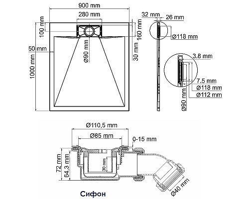 Душевой поддон из стеклопластика WasserKRAFT Elbe 100x90 74T22 Черный матовый