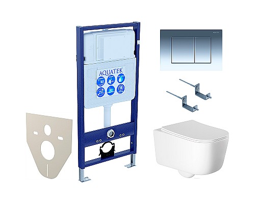 Комплект унитаза с инсталляцией Aquatek Set Aquatek Лугано 4в1 с сиденьем Микролифт и клавишей смыва Хром глянцевый
