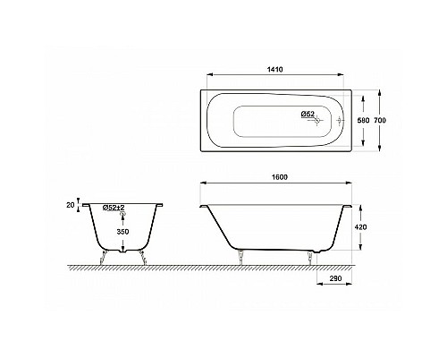 Чугунная ванна Delice Continental 160x70 DLR230626R с отверстиями под ручки без антискользящего покрытия Чугунная ванна Delice Continental 160x70 DLR230626R с отверстиями под ручки без антискользящего покрытия