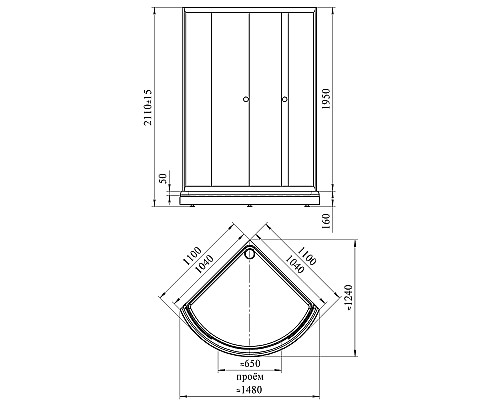 Душевой уголок Radomir Найт 110x110 1-03-6-0-0-0050 профиль Черный стекло прозрачное