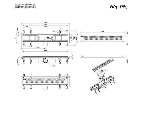 Душевой лоток AM.PM PrimeFlow 50 W02SC-P11-050-01BM с Черной матовой решеткой Cut Gradient