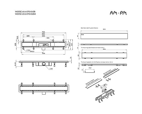 Душевой лоток AM.PM PrimeFlow 70 W02SC-U11-070-04BM с Черной матовой решеткой / под плитку Tile