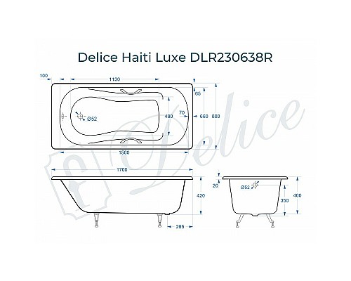 Чугунная ванна Delice Haiti Luxe 170x80 DLR230638R с отверстиями под ручки без антискользящего покрытия Чугунная ванна Delice Haiti Luxe 170x80 DLR230638R с отверстиями под ручки без антискользящего покрытия