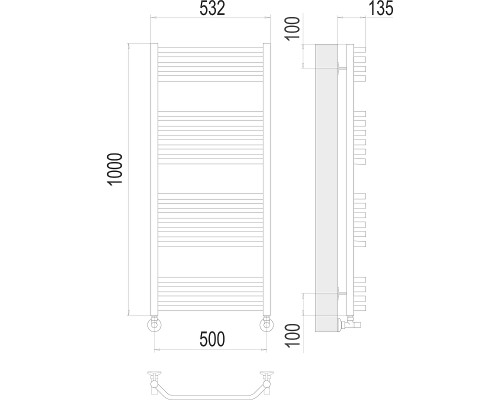 Водяной полотенцесушитель Terminus Виктория П20 500x1000 4670078529541 Хром, нижнее подключение, G 1/2" ВР, с угловым соединением