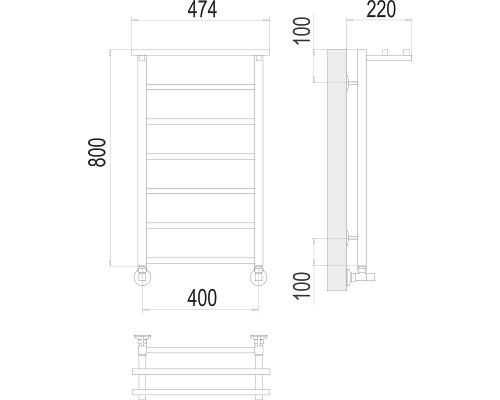 Водяной полотенцесушитель Terminus Контур П7 400х800 4670078529701 с полкой Хром, нижнее подключение, G 1/2" ВР, с угловым соединением