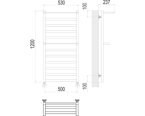 Водяной полотенцесушитель Terminus Хендрикс П12 500х1200 4670078529831 с полкой Хром, нижнее подключение, G 1/2" ВР, с угловым соединением