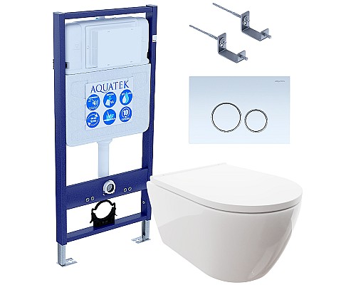 Комплект унитаза с инсталляцией Aquatek Set Aquatek Поларис-015 4в1 с сиденьем Микролифт и Белой клавишей смыва