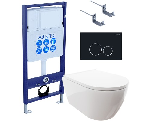 Комплект унитаза с инсталляцией Aquatek Set Aquatek Поларис-020 4в1 с сиденьем Микролифт и Черной матовой клавишей смыва