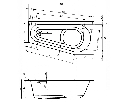 Асимметричная ванна Riho Delta 160x80 L BB8300500000000