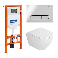 Комплект унитаза Cezares Stylus-Tor CZR-6601-TH-TOR/CZR2316SC с инсталляцией BelBagno BB002-80/BB005-PR-CHROME с сиденьем Микролифт и клавишей смыва Хром глянцевый