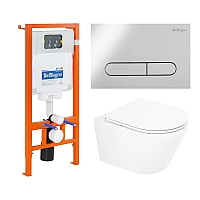 Комплект унитаза с инсталляцией BelBagno Tre BB8001CHR/SC/BB002-80/BB005-PR-CHROME с сиденьем Микролифт и клавишей смыва Хром глянцевый