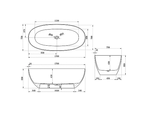 Ванна прозрачная Vincea VBT-6T01B 1700x750x550 черный