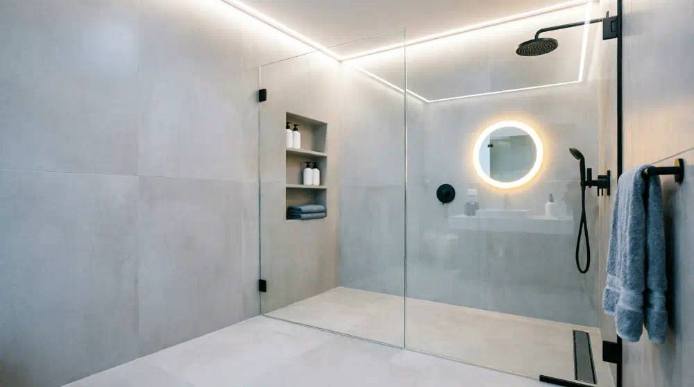 Душевая кабина без поддона с линейным трапом в интерьере