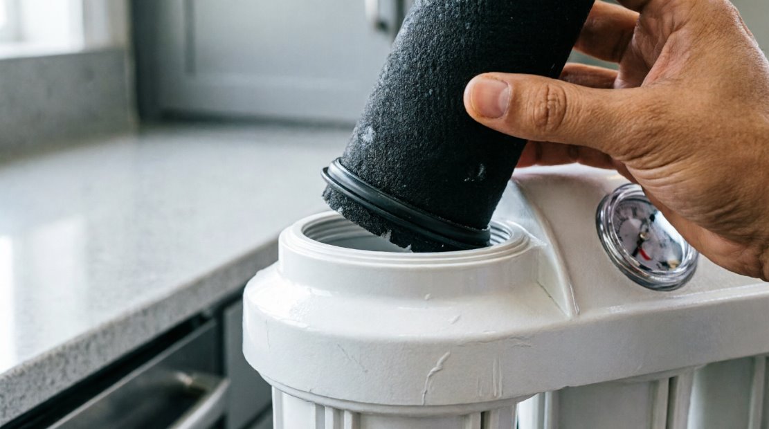 Замена угольного картриджа в системе обратного осмоса