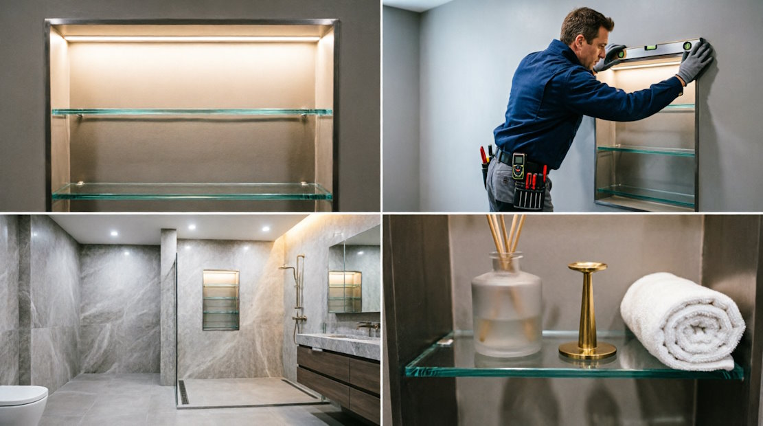 Ниша в ванной с подсветкой и стеклянными полками