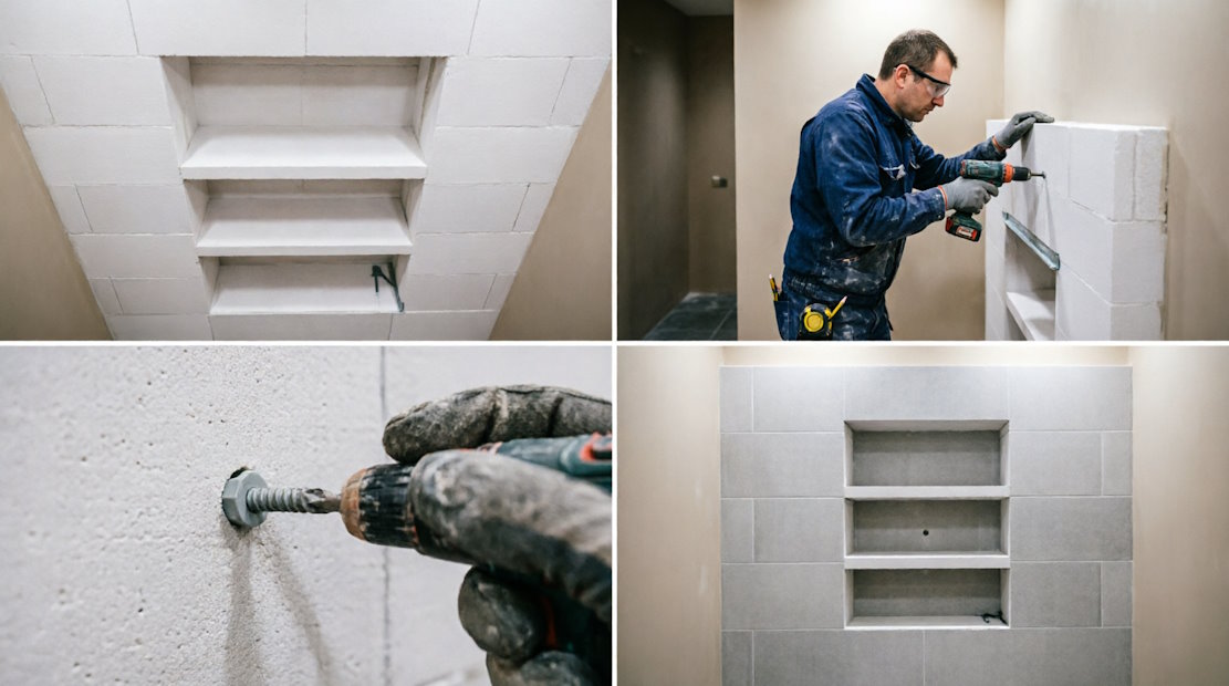 Ниша в ванной из пеноблоков с полками