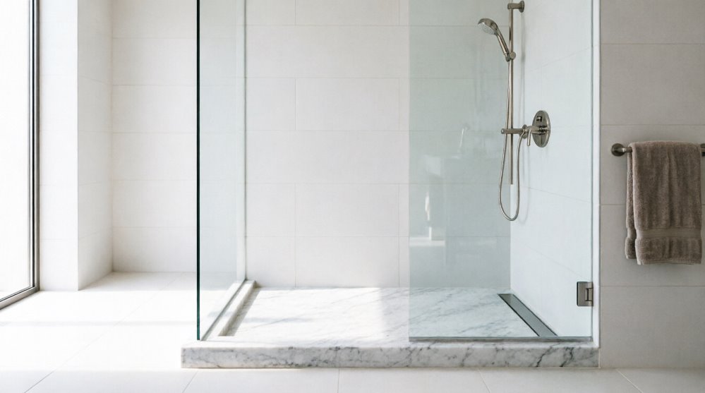 Душевой поддон из литьевого мрамора в современной ванной комнате