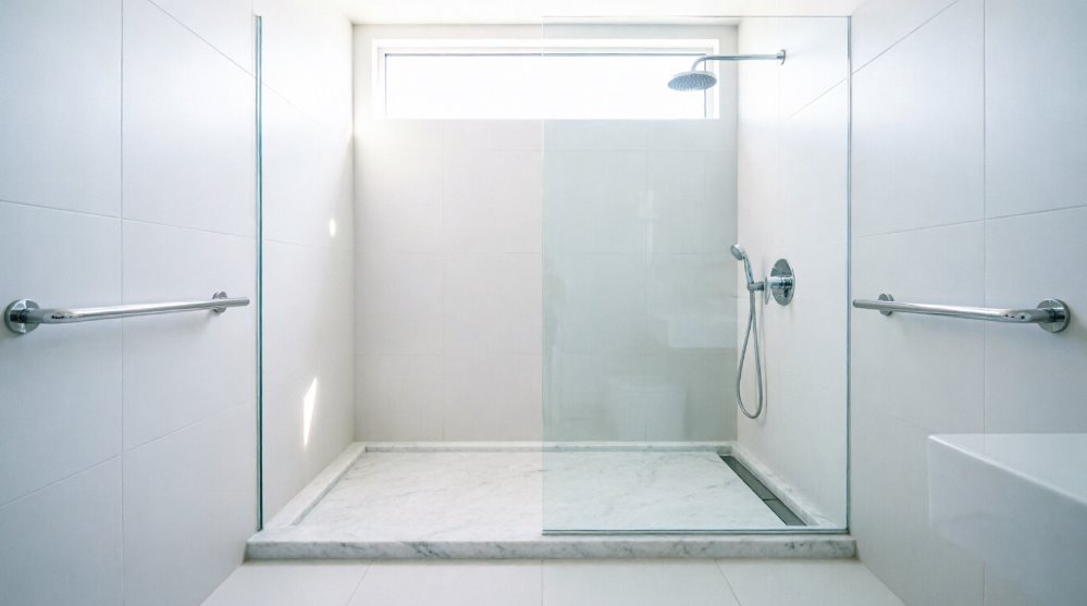 Установка душевого поддона из литьевого мрамора с ограждением