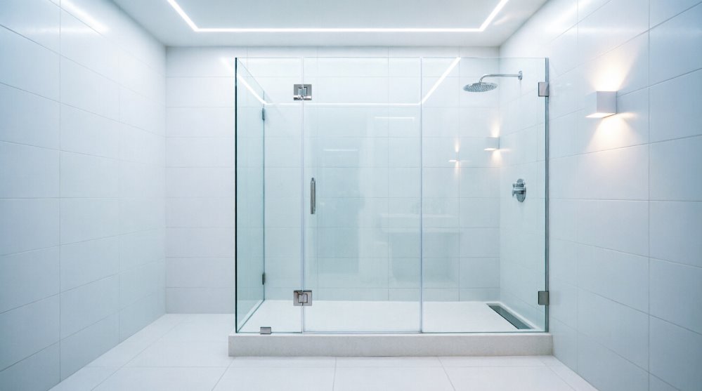 Душевая кабина с поддоном из литьевого мрамора в интерьере