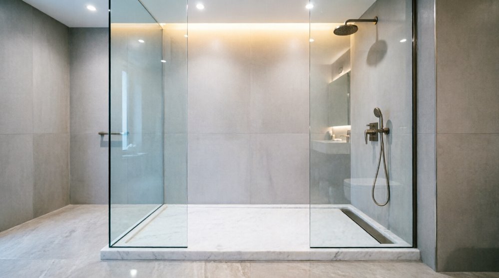 Красивый душевой поддон из литьевого мрамора в интерьере