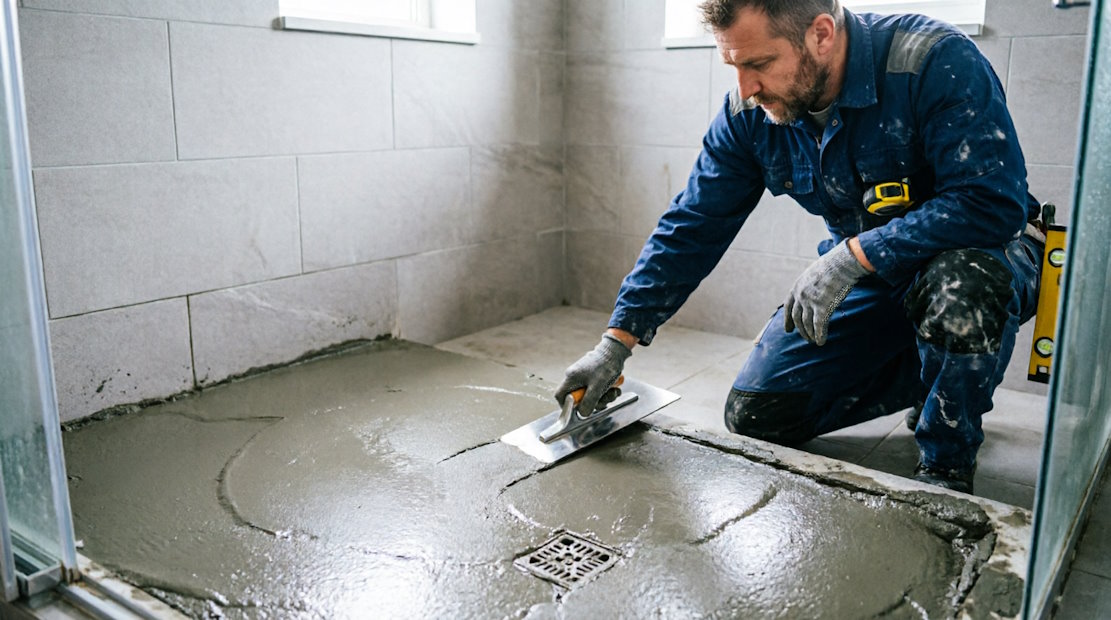 Заливка душевого поддона бетоном с уклоном