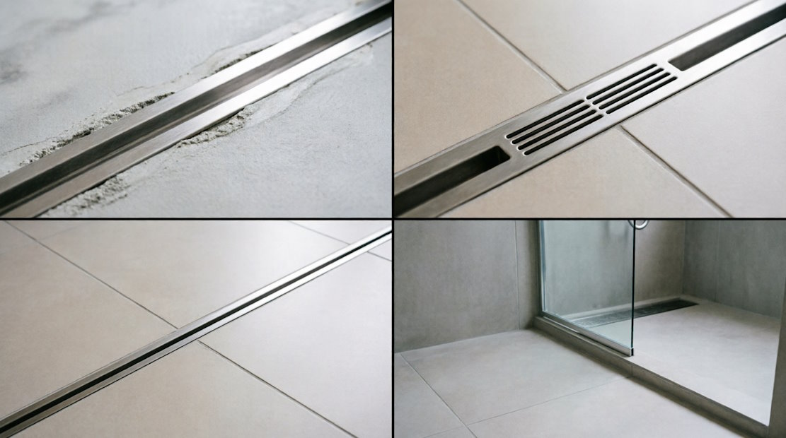 Линейный трап в душевом поддоне и готовая плитка