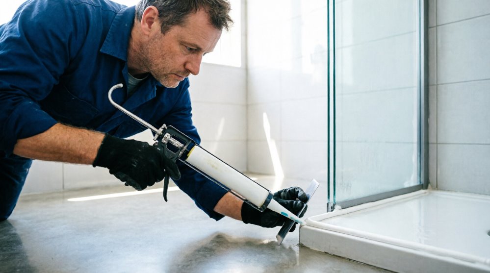 Разглаживание герметика на стыке поддона и стены